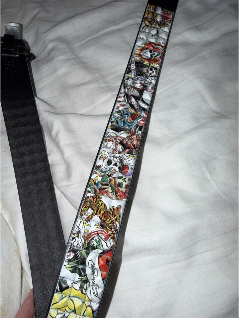 Ed Hardy Size 36 Men's belt Tattoo style Print, With Hammered Rivet Studs New